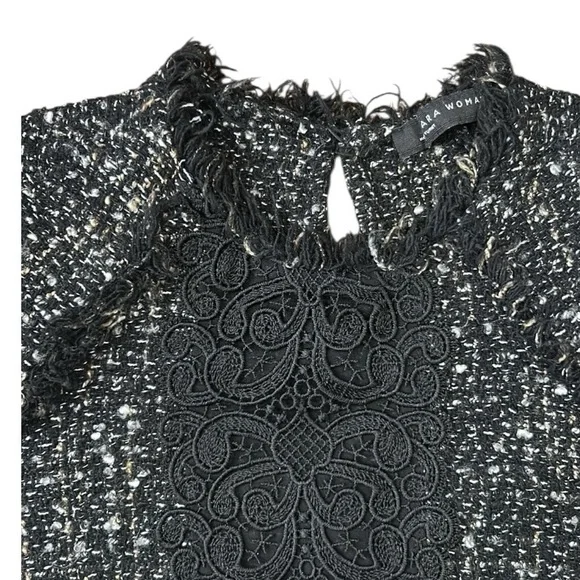 Zara Tweed & Lace Textured Short Sleeve Raw Hem Top Black Size Small - Picture 10 of 12